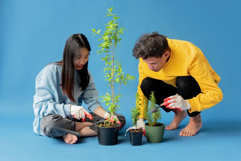 En la imagen aparecen dos personas, un hombre y una mujer, cuidando respectivamente de dos plantas